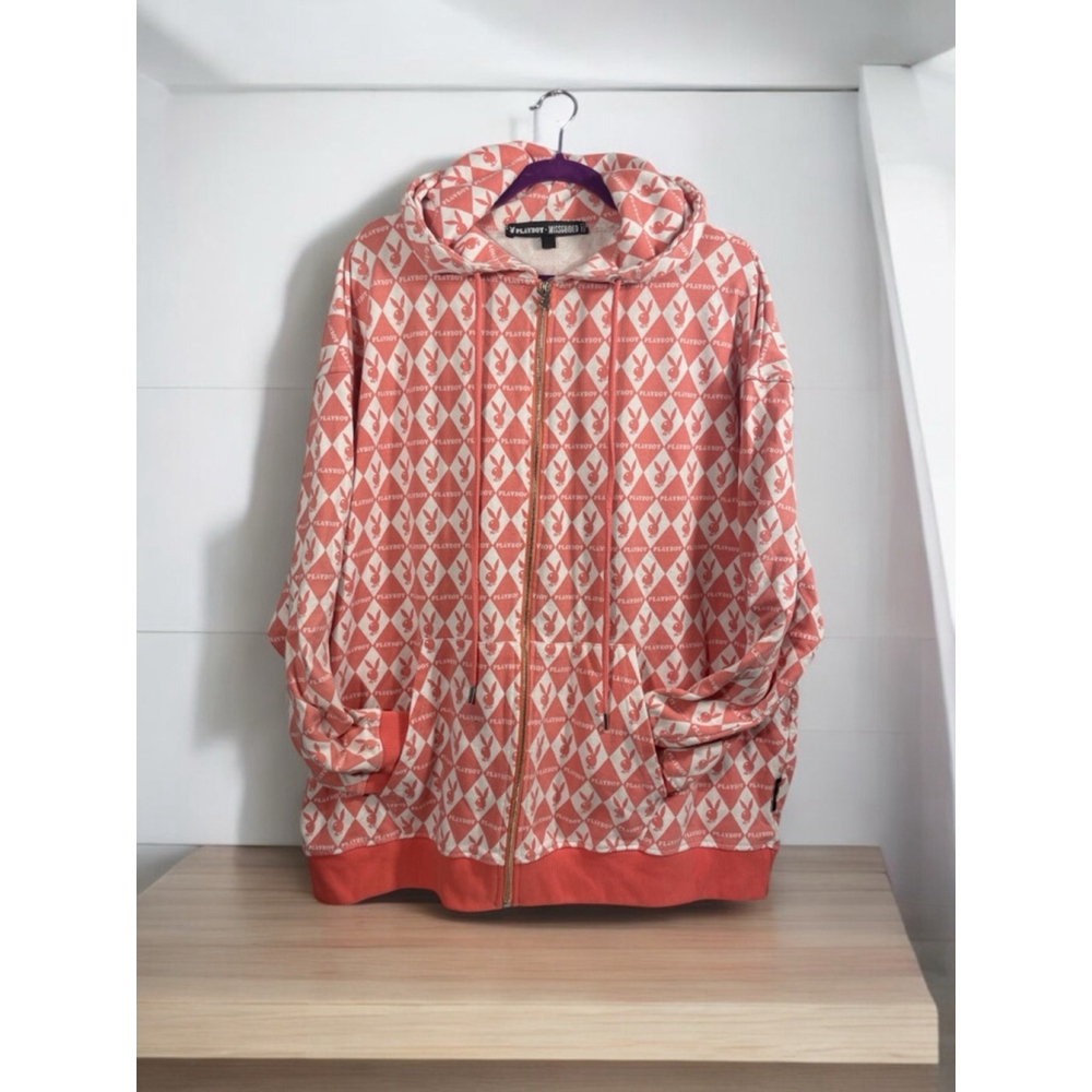 Women's Playboy x Missguided Size 14 Coral Pink Oversized Unisex Full Zip Hoodie